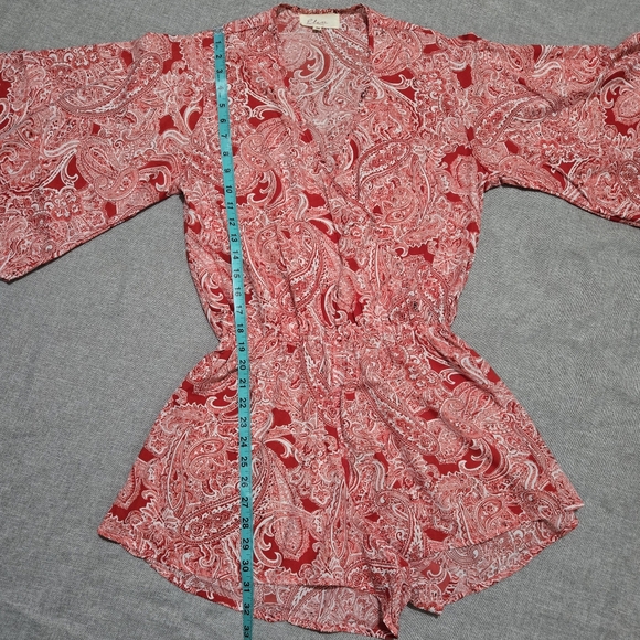 Elan Red Paisley Boho Romper Surplice V-Neck Long Sleeve Elastic Waist Medium - Picture 12 of 16